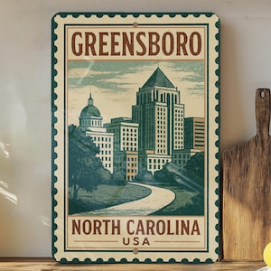 Greensboro NC Stamp Style Wall Art – Vintage Metal Sign Decor, North Carolina City Skyline Gift, Rustic Home Accent