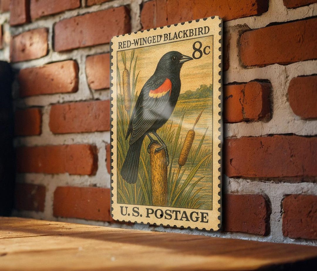 Red Bird Sign Red-winged Blackbird Vintage Stamp Style Metal Sign, Bird Lover Decor ...