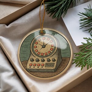 May include: A round Christmas ornament featuring a vintage-style illustration of a clock. The clock face has a beige background with orange square markers. The ornament has a gold string for hanging and is set in a gift box.