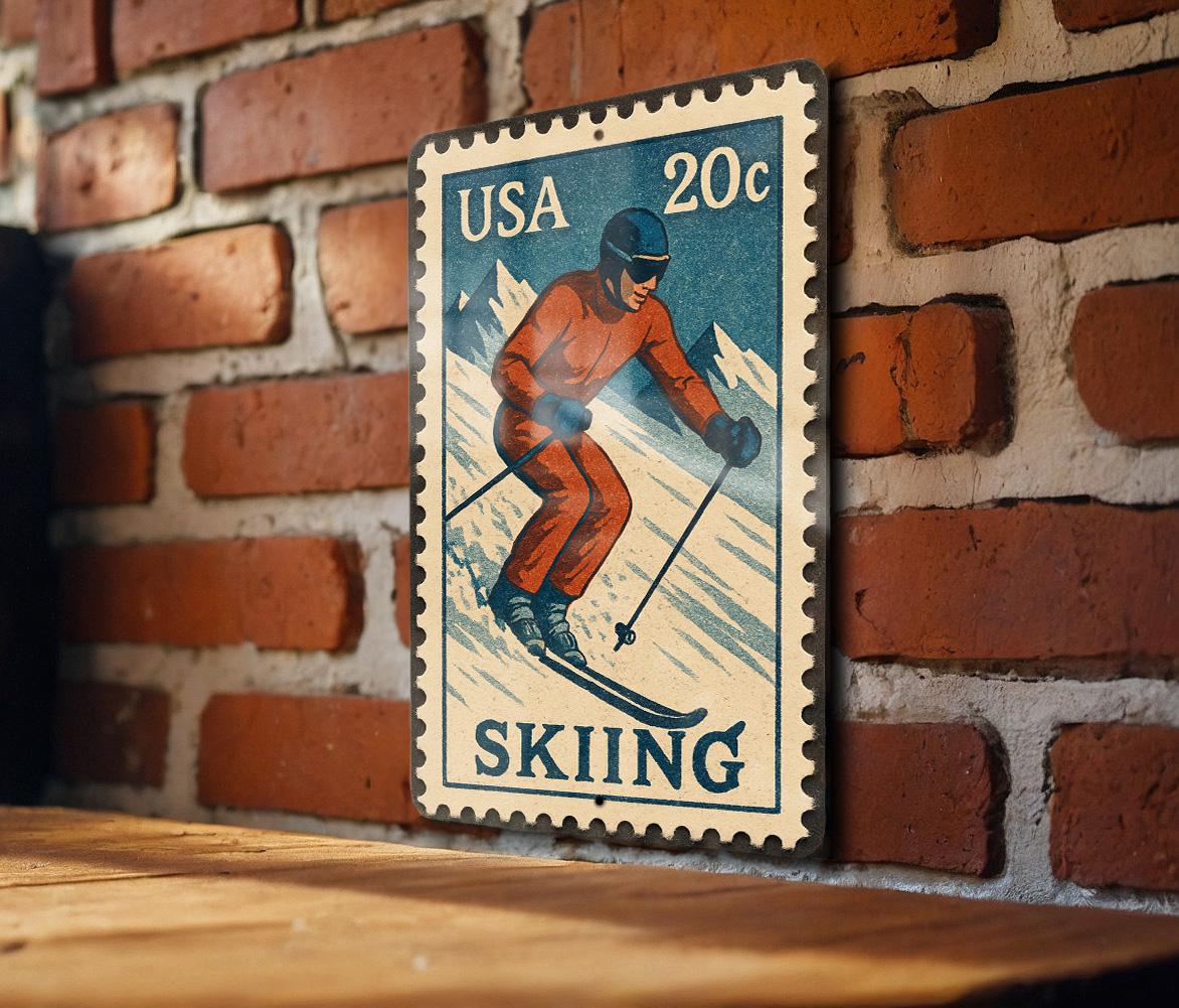 ビンテージ　ヴィンテージ　木製サイン　看板　スキー　ロッジ　海外 Vintage Skiing Metal Sign – Retro Stamp Style Wall Art for Cabin