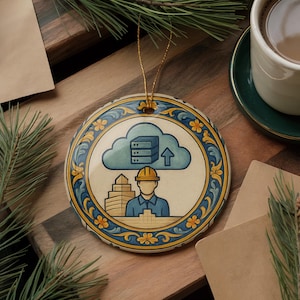 May include: Round ceramic Christmas ornament with a gold string. The ornament features a blue and yellow floral border. The center design depicts a cloud with a server icon, an upward arrow, and a construction worker.