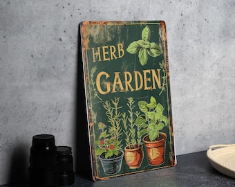 Herb Garden Vintage Metal Sign - Earthy Colors, Herbs and Pots Illustration, Garden Frame, Elegant Font