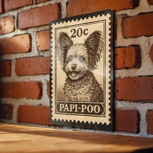 May include: A rectangular metal sign with a vintage postage stamp design featuring a dog with large ears. The sign reads "20c" at the top and "PAPI-POO" at the bottom, with a black border and a sepia tone.