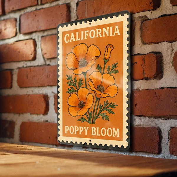 California Poppy Bloom Metal Sign – Vintage Stamp Style Wall Art, Wildflower Home Decor, California Nature Gift