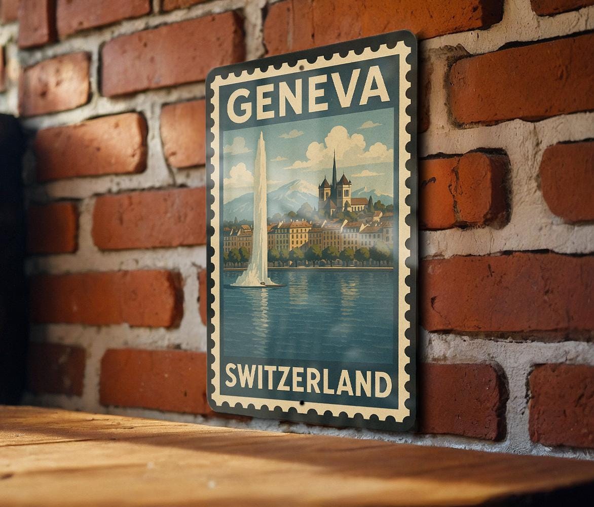 Geneva Switzerland Metal Sign – Vintage Travel Stamp Style Wall
