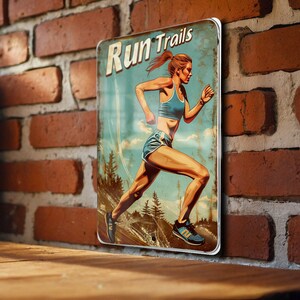 May include: A vintage-style metal sign with the text "Run Trails" in red and white lettering. The sign features a woman running on a trail with a blue sky and green trees in the background.