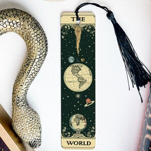 The World Tarot Card Bookmark, Globe Design, Metal Bookmark, Tarot Lover Gift, Unique Book Accessory