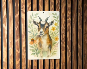 Nigerian Dwarf Goat Metal Sign – Watercolor Botanical Farmhouse Wall Art, Rustic Country Decor, Goat Lover Gift
