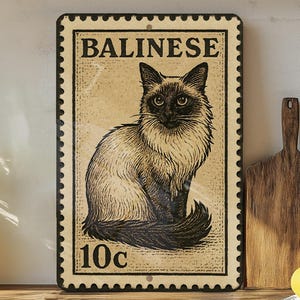 Balinese Cat Metal Sign – Vintage Stamp Style Wall Decor for Cat Lovers, Rustic Tin Art for Home or Garden