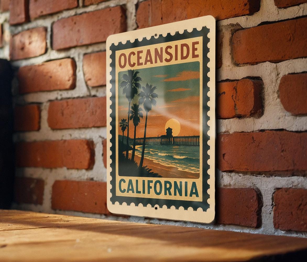 Oceanside California Metal Sign – Retro Postage Stamp Design