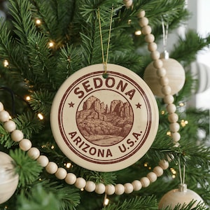 Sedona Arizona Ceramic Ornament – Circular Stamp Style Art, Southwest USA Souvenir, Travel Gift, Rustic Desert Decor