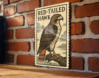 Red-Tailed Hawk Metal Sign Vertical | Rustic Stamp Style Bird Wall Art | Wildlife Decor for Cabin, Lodge, or Nature Lovers