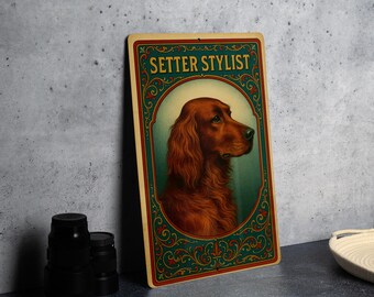 Victorian Setter Stylist Tin Sign – Antique Dog Art, Chromolithograph Style, Ornate Vintage Metal Wall Decor, Aged Finish
