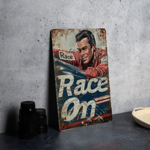 Vintage Style Tin Sign, Auto Racing Decor, Race On Metal Sign, Racing Fan Gift, Retro Wall Art