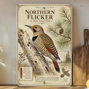 May include: A vintage-style print featuring a Northern Flicker bird perched on a tree branch. The print includes the text "North American Birds" and "Northern Flicker Red-Shafted". The bird has a black bib, spotted back, and red accents. The background includes pine needles and a small flying bird.