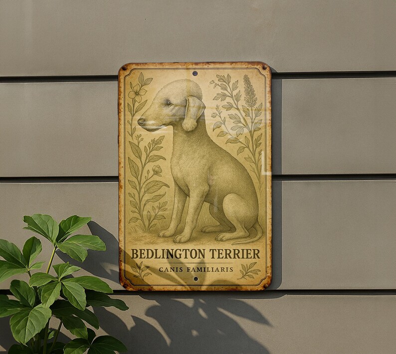 a sign on the side of a building that says bedlington terrier