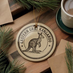 Eastern Gray Kangaroo Ceramic Ornament – Circular Stamp Style Aussie Wildlife Art – Handmade Animal Keepsake Gift
