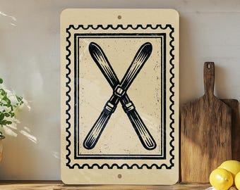 Vintage Skis Metal Sign – Rustic Winter Lodge Decor, Ski Cabin Wall Art, Retro Skiing Stamp Style Artwork for Chalet
