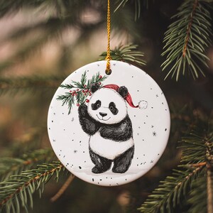 Panda Bear Mistletoe Ceramic Ornament, Holiday Decor, Christmas Tree Accessory, Cute Panda Gift, Festive Home Decoration