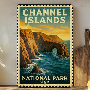A vintage-style poster of the Channel Islands National Park in the United States, featuring a scenic coastal landscape with cliffs, water, and a sunset sky.