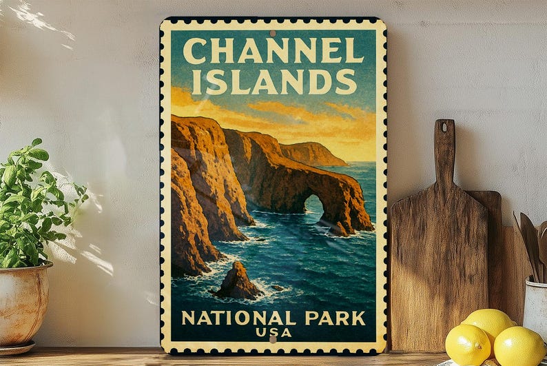 A vintage-style poster of the Channel Islands National Park in the United States, featuring a scenic coastal landscape with cliffs, water, and a sunset sky.