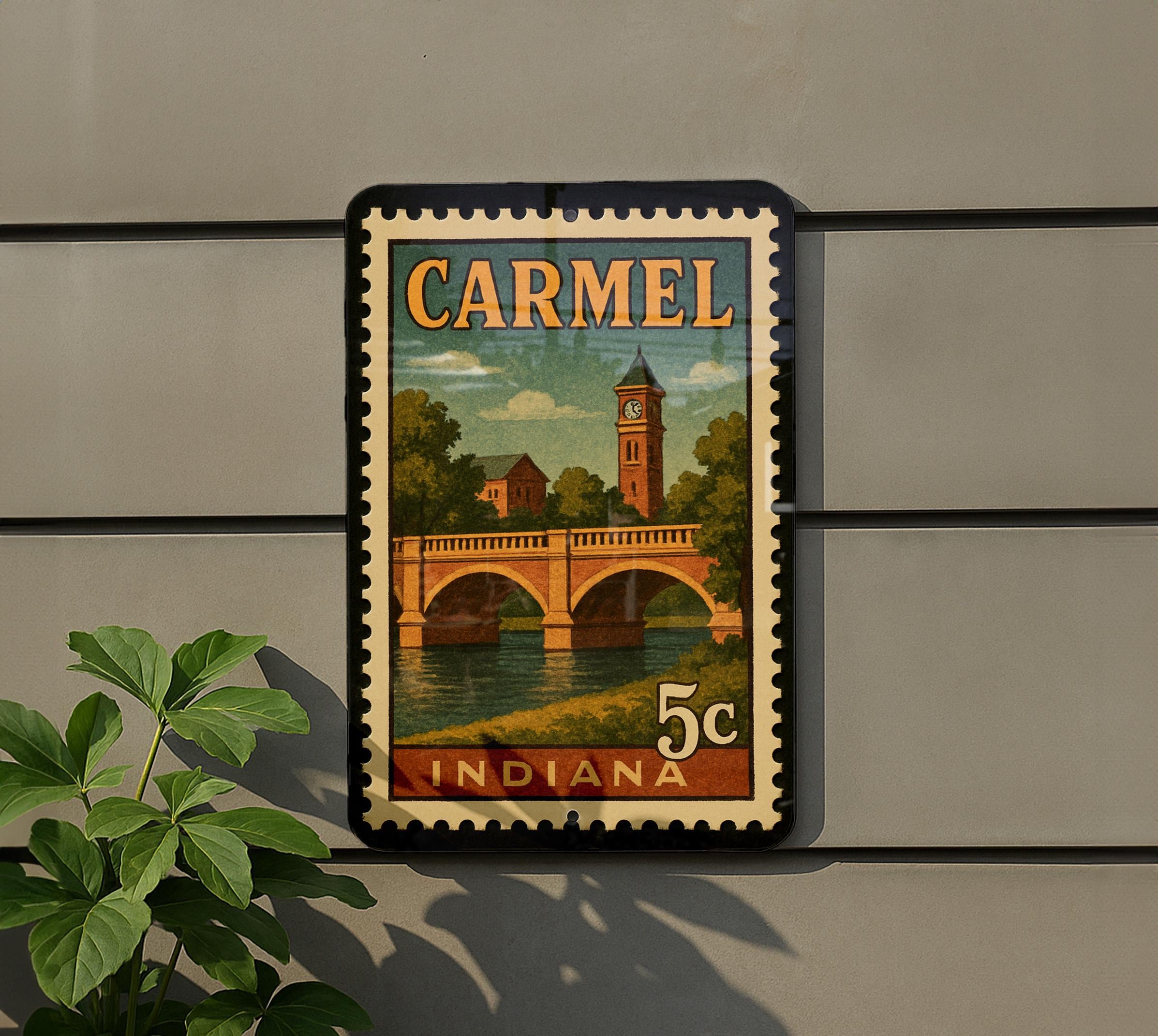 Carmel Indiana Metal Sign Featuring Retro Postage Stamp Design of