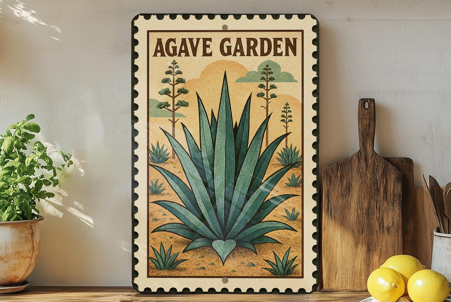 Agave Garden Metal Sign – Vintage Stamp Style Wall Art for Indoor ...