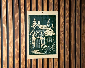 Witch's Cottage Metal Sign – Rustic Herb Bundle Art, Vintage Stamp Style Wall Decor for Witches, Mystical Garden Sign