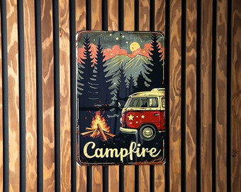 Rustic Camping Tin Sign, Metal Wall Decor, Campfire Art, Outdoor Adventure Sign, Vintage Camping Gear