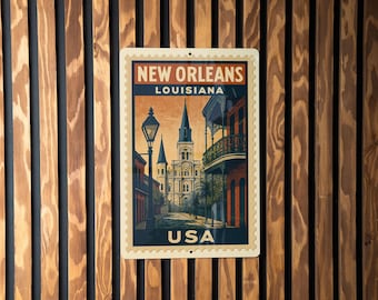 New Orleans Stamp Style Metal Sign – Vintage Louisiana Wall Art, Retro USA Travel Decor, Rustic Tin Plaque for Home or Bar