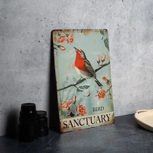 Bird Sanctuary Metal Sign: Vintage Style, Elegant Font, Natural Colors, Sanctuary Frame, Bird Illustration