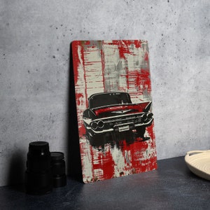 Vintage Car Sign, Red and White, Metal Wall Decor, Classic Car Art, Retro Garage Sign