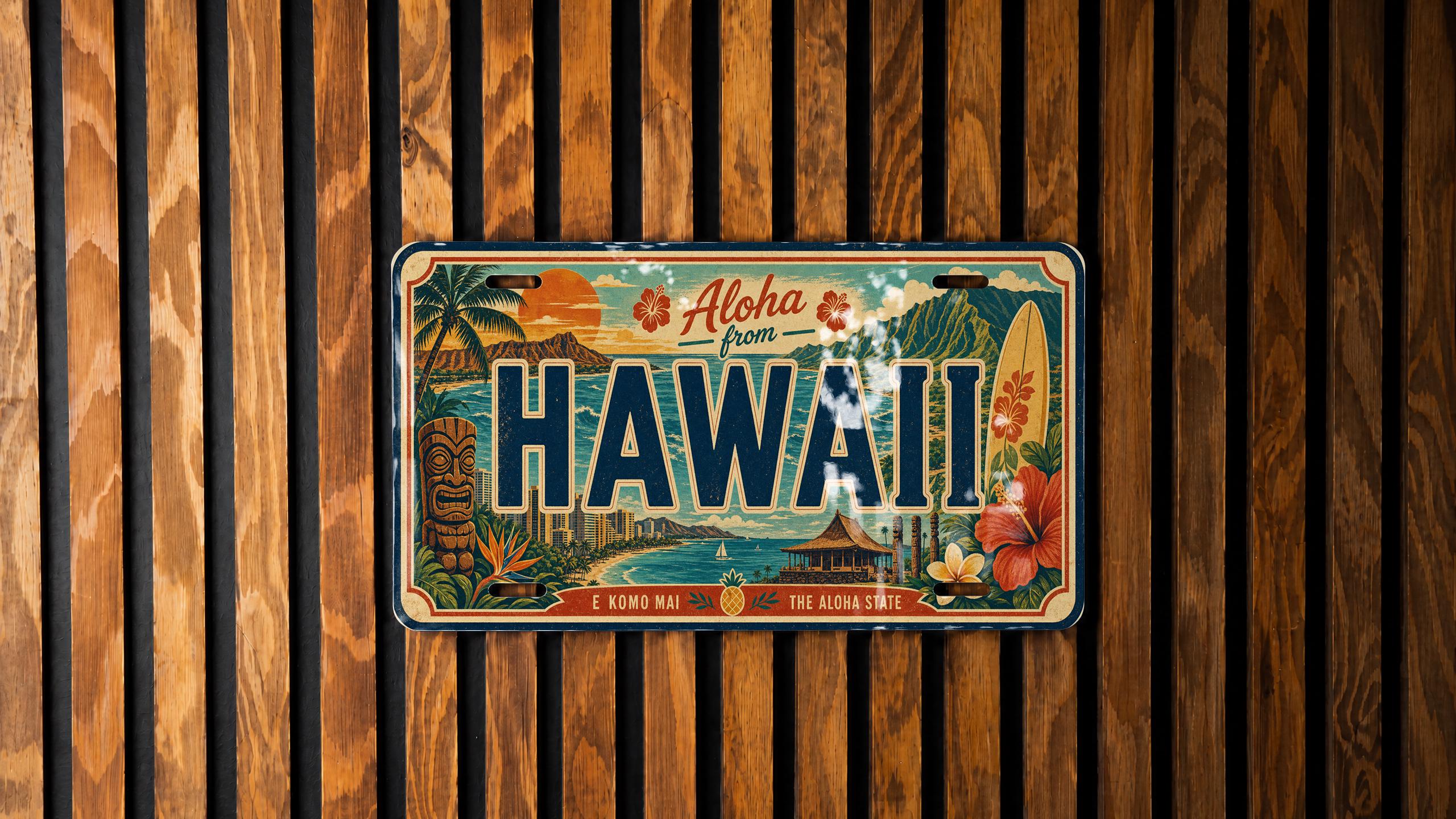 Hawaii License Plate Metal Sign, Hawaii Travel Poster Style