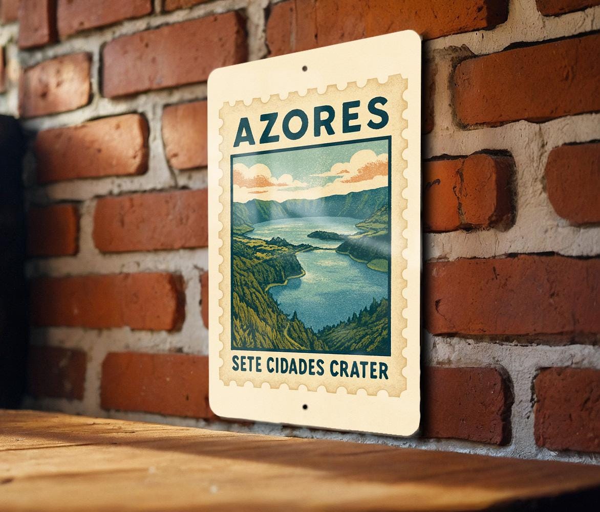 Azores Sete Cidades Crater Metal Sign – Vintage Stamp Style Wall Art ...