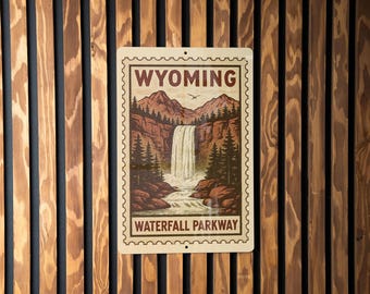 Wyoming Waterfall Parkway Metal Sign – Rustic Stamp Style Wall Art for Cabin, Lodge, or Outdoor Adventure Decor