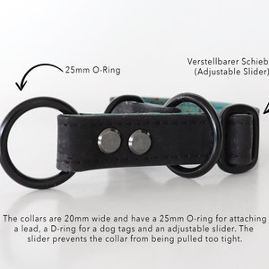 May include: Black dog collar with a 25mm O-ring and adjustable slider. The collar is 20mm wide. The text on the image says the collar has a D-ring for dog tags and the slider prevents the collar from being pulled too tight.