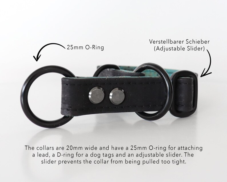 May include: Black dog collar with a 25mm O-ring and adjustable slider. The collar is 20mm wide. The text on the image says the collar has a D-ring for dog tags and the slider prevents the collar from being pulled too tight.