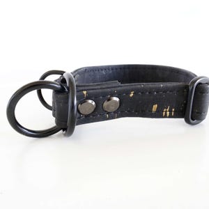 May include: A black dog collar with gold flecks and black hardware. The collar features a D-ring for leash attachment and two metal studs. The hardware includes a buckle and a D-ring, all in black.