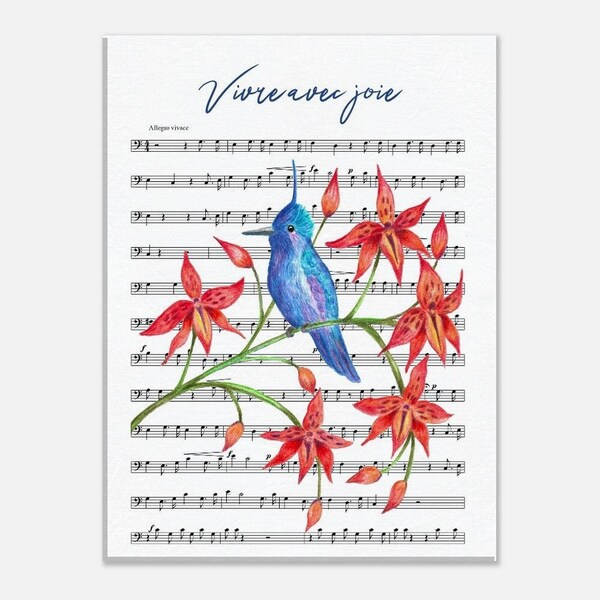 Toile Imprimée Colibri Bleu Orchidée Orange et Partition Décoration Murale et Idée Cadeau