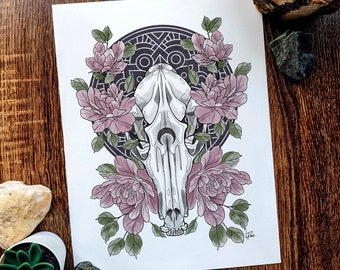 Mandala Fox Skull with Magnolia Flowers, Black Ink and Colour Illustration, Animal Skull Art Print, Boho Home Decor, Floral Wall Print