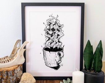 Skulls and Black Coffee, Dark Digital Art Print, Sketchy Black Ink Illustration, Gothic Decor, Skull in Steam of Coffee Cup, Coffee lover