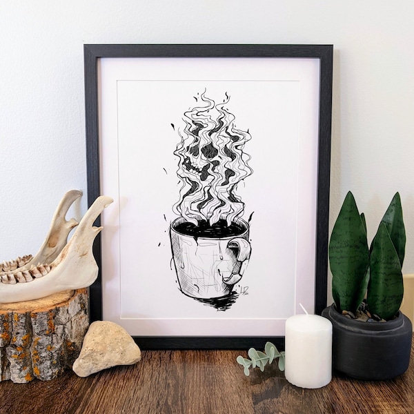 Calavera y café negro, impresión artística oscura, ilustración en tinta negra, decoración gótica para cocina, regalo para amantes del café, decoración de esqueletos para el hogar, taza de café oscura