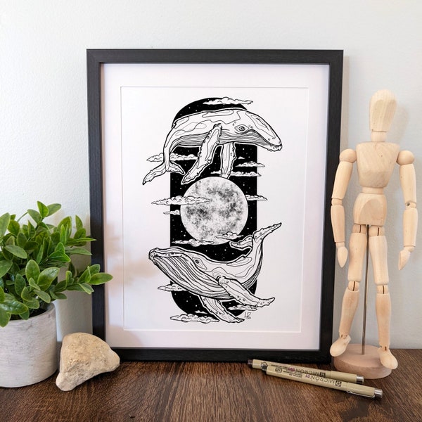 Whales Swimming around Moon, Boho Art Print, Black Ink Illustrated Art Print, Fantasy Home Decor, Moon and Space Wall Art, Dreamy Poster