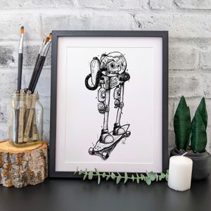 Goldie the Goldfish in a Robot Suit Longboarding , Black and White Art Print, Messy Lines Illustration, Steampunk, Gift for Skateboarder