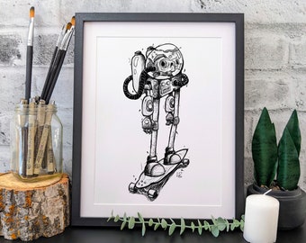 Goldie the Goldfish in a Robot Suit Longboarding , Black and White Art Print, Messy Lines Illustration, Steampunk, Gift for Skateboarder
