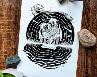 Astronaut Weltraum Liebhaber, Cosmic Art Print, Black Ink Line Work Illustration, Celestial Vinyl Schallplatte, Musik und DJ, Planeten, Meteoriten