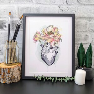 Roze Ziel Bloem Art Print, Pioenrozen in geometrisch glas hart, zwarte inkt &aquarel illustratie, spirituele kunst aan de muur, botanische kunstwerken