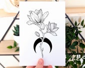 Magnolia Flowers with Black Crescent Moon, Mini Art Print, Line Work Tattoo Design Idea, Black and White Ink Illustration, Floral Artwork
