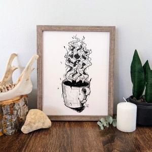 Skulls and Black Coffee, Dark Digital Art Print, Sketchy Black Ink Illustration, Gothic Decor, Skull in Steam of Coffee Cup, Coffee lover image 2