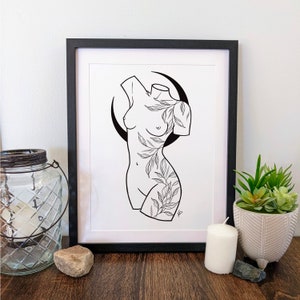 Tattooed Woman’s Body, Nude Illustrated Art Print, Black and White